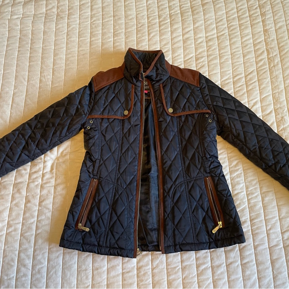 Vince Camuto Navy and Brown Quilted Utility Jacket